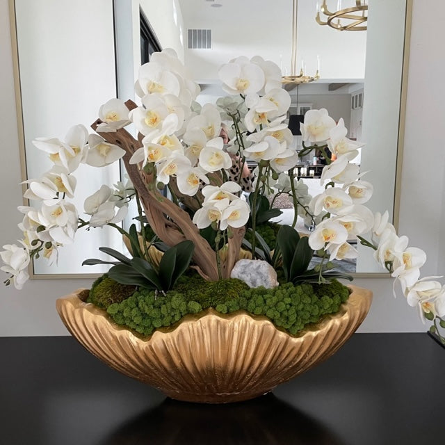 Orchids with Driftwood in Gold Shell Bowl