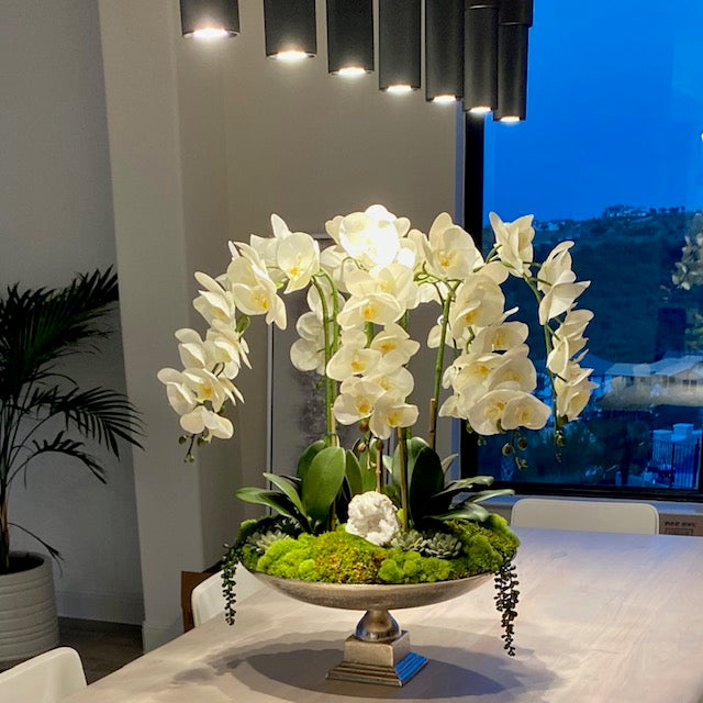 Orchids with Geode in Pedestal Bowl