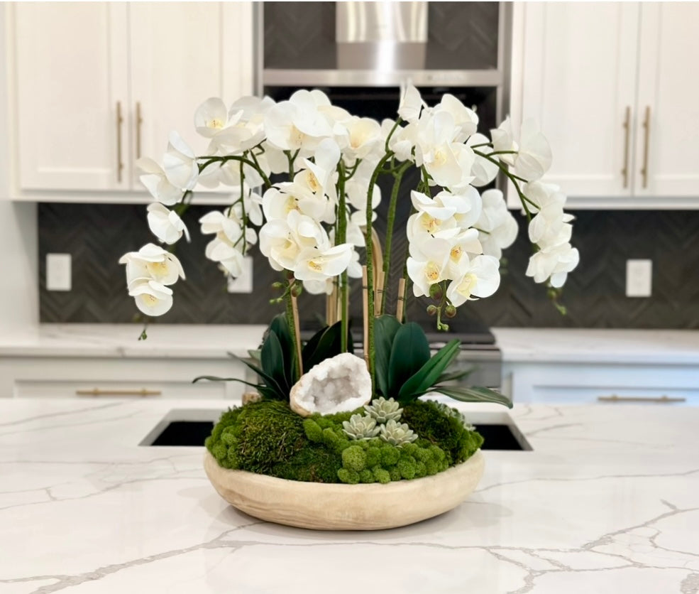 Orchids in Canyon Bowl with Moroccan Geode